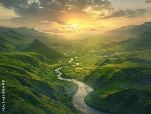 A river runs through a lush green valley with mountains in the background