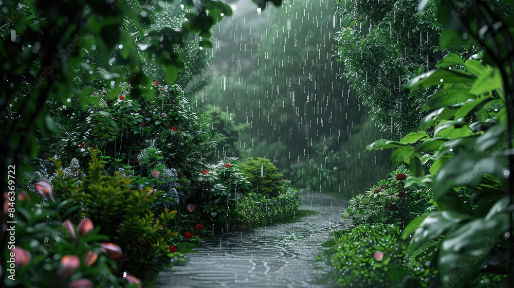 Fototapeta premium Dense, vibrant green foliage surrounds a narrow, water-filled path during a heavy downpour, suitable for tranquil or dramatic environment visualizations.