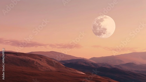 Full moon rising over a serene hillside casting a gentle glow on the landscape at dusk : Generative AI © The Little Hut