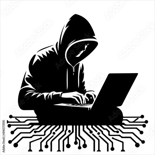 Hackers in a black hood icon. Cybercriminal at a laptop. Process of stealing user personal data. Internet phishing. Hackers attack.