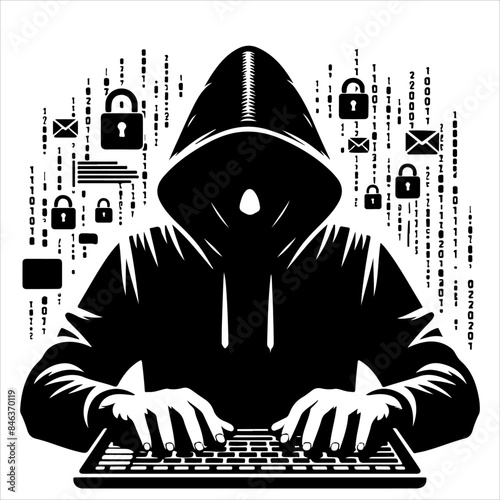 Hackers in a black hood icon. Cybercriminal at a laptop. Process of stealing user personal data. Internet phishing. Hackers attack.