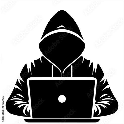 Hackers in a black hood icon. Cybercriminal at a laptop. Process of stealing user personal data. Internet phishing. Hackers attack.