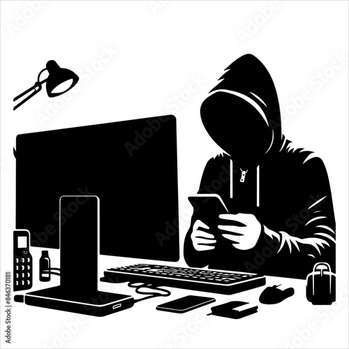 Hackers in a black hood icon. Cybercriminal at a laptop. Process of stealing user personal data. Internet phishing. Hackers attack.