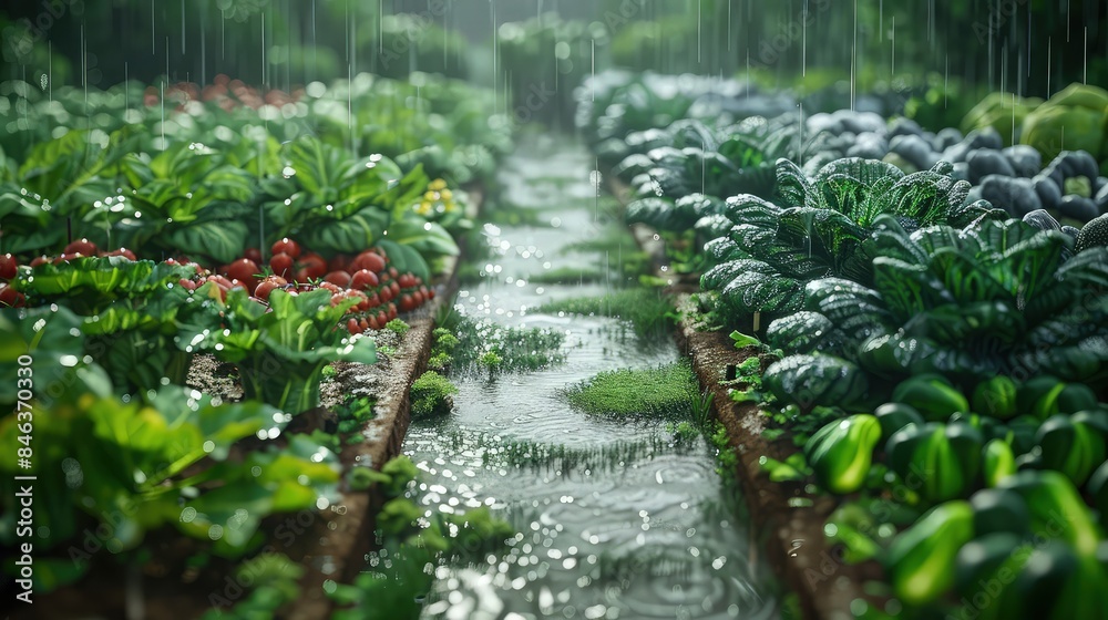 Neatly managed paths in a vegetable garden, each path featuring different types of glistening, rain-soaked vegetables. The scene captures the essence of a bountiful, wet garden. Neatly managed paths in a vegetable garden, each path featuring different types of glistening, rain-soaked vegetables. The scene captures the essence of a bountiful, wet garden.