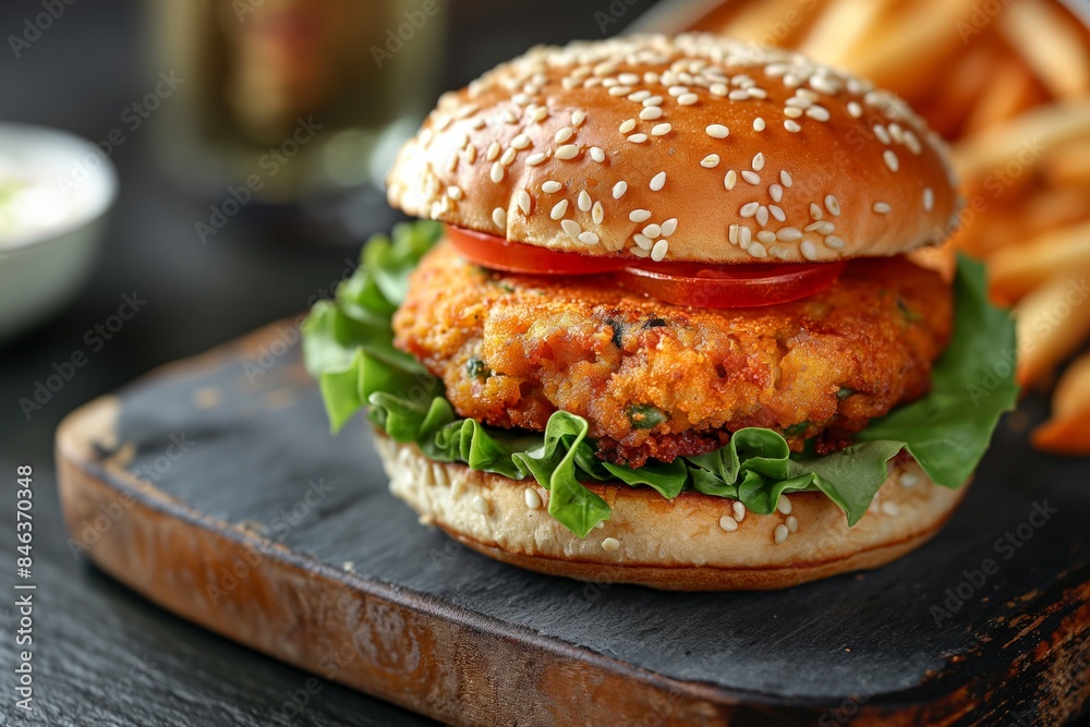 McAloo Tikki burger with sesame bun and fresh vegetables served alongside fries on a wooden board McAloo Tikki burger with sesame bun and fresh vegetables served alongside fries on a wooden board