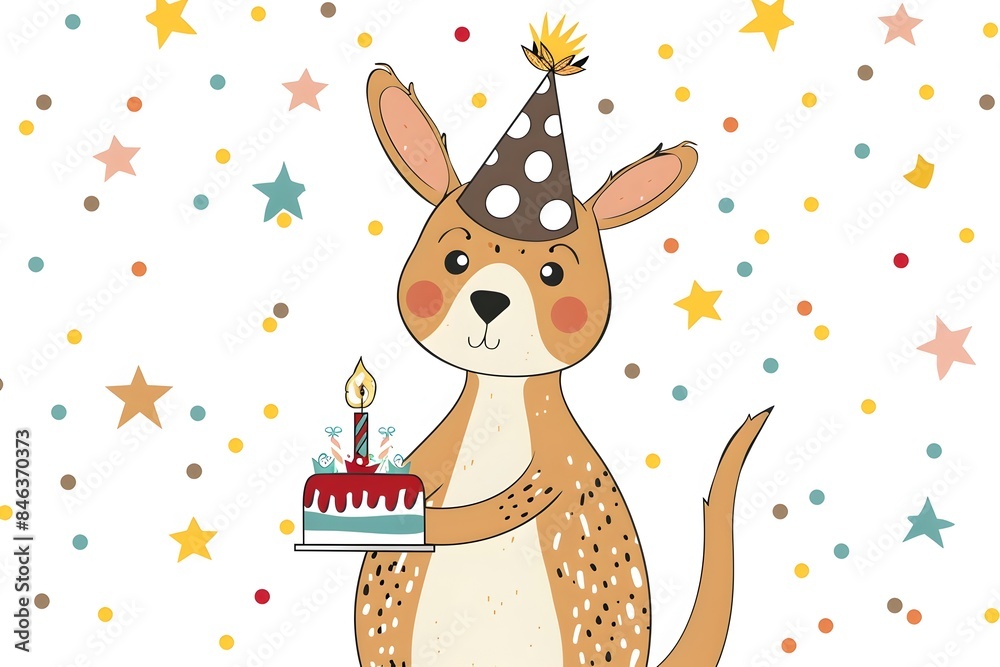 Fototapeta premium Cheerful Kangaroo Celebrating Birthday with Cake and Party Hat on Colorful Starry Background