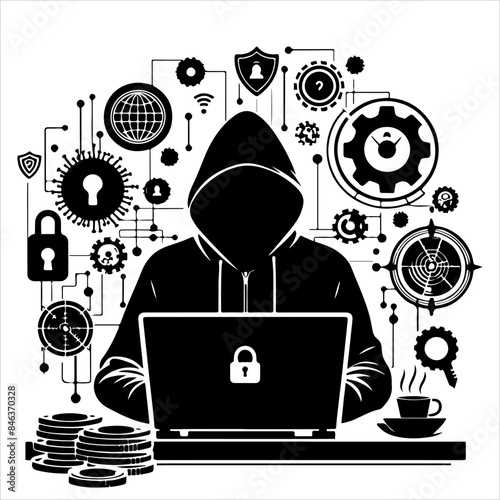 Hackers in a black hood icon. Cybercriminal at a laptop. Process of stealing user personal data. Internet phishing. Hackers attack.