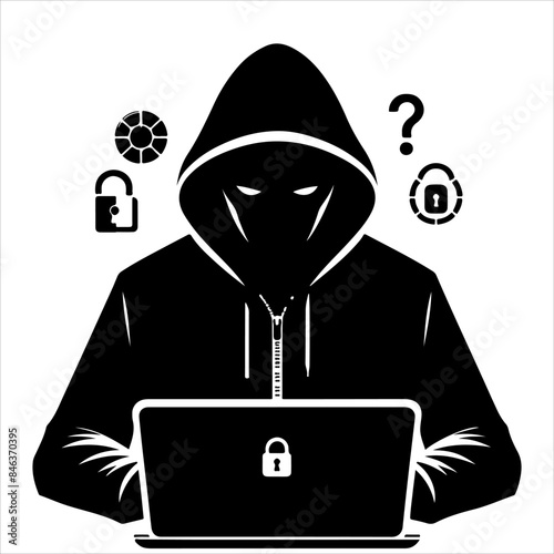 Hackers in a black hood icon. Cybercriminal at a laptop. Process of stealing user personal data. Internet phishing. Hackers attack.