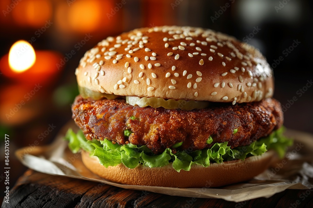 McAloo Tikki burger in a warm, rustic setting with green lettuce McAloo Tikki burger in a warm, rustic setting with green lettuce
