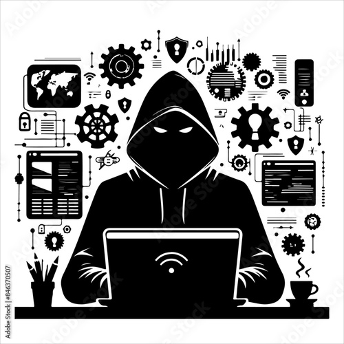 Hackers in a black hood icon. Cybercriminal at a laptop. Process of stealing user personal data. Internet phishing. Hackers attack.