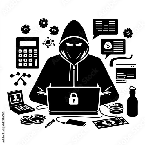 Hackers in a black hood icon. Cybercriminal at a laptop. Process of stealing user personal data. Internet phishing. Hackers attack.