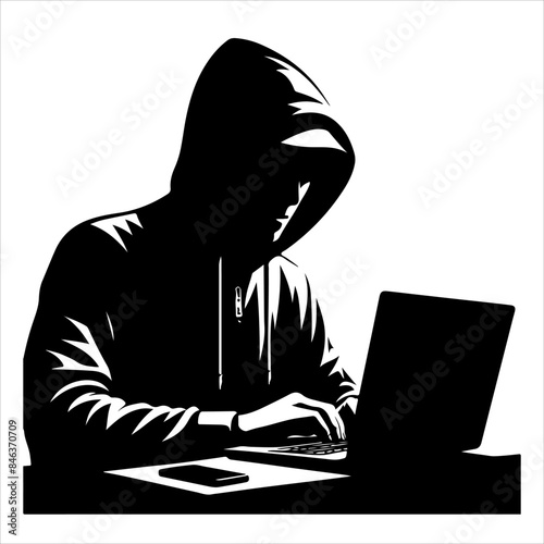 Hackers in a black hood icon. Cybercriminal at a laptop. Process of stealing user personal data. Internet phishing. Hackers attack.