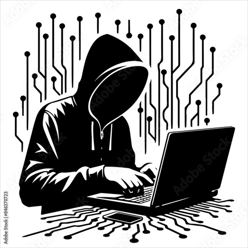 Hackers in a black hood icon. Cybercriminal at a laptop. Process of stealing user personal data. Internet phishing. Hackers attack.