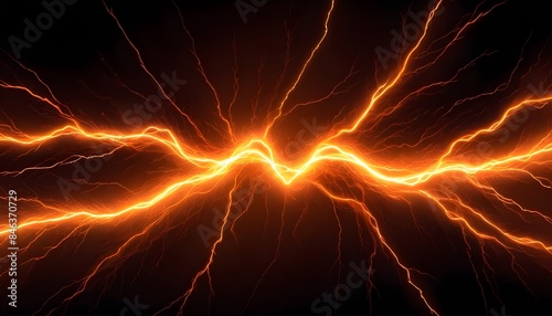 Orange electric spark lightening background orange copy space abstract electrical backdrop, banner poster header design photo