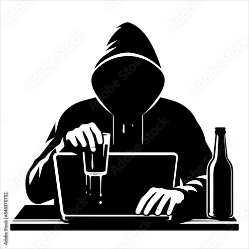 Hackers in a black hood icon. Cybercriminal at a laptop. Process of stealing user personal data. Internet phishing. Hackers attack.