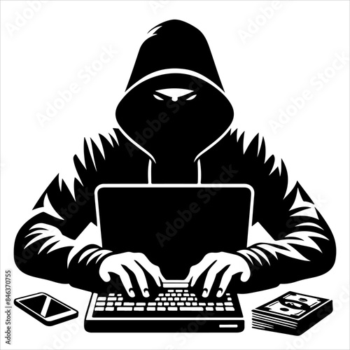 Hackers in a black hood icon. Cybercriminal at a laptop. Process of stealing user personal data. Internet phishing. Hackers attack.