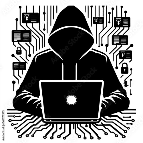 Hackers in a black hood icon. Cybercriminal at a laptop. Process of stealing user personal data. Internet phishing. Hackers attack.