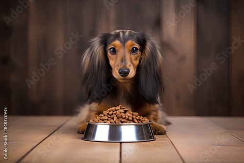 long haired miniature dachshund sneaking up to bowl of dog food