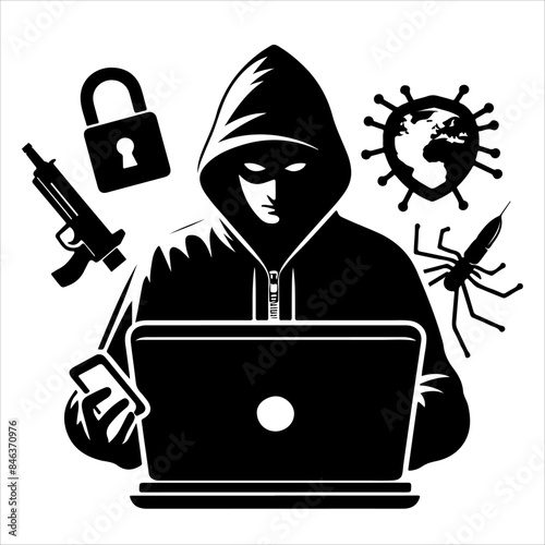 Hackers in a black hood icon. Cybercriminal at a laptop. Process of stealing user personal data. Internet phishing. Hackers attack.