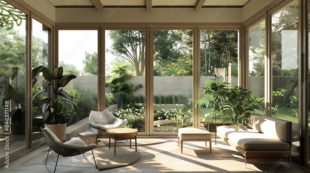 Fototapeta premium A sunroom with a modern minimalist design, featuring sleek furniture, neutral tones, and large windows offering a view of the garden