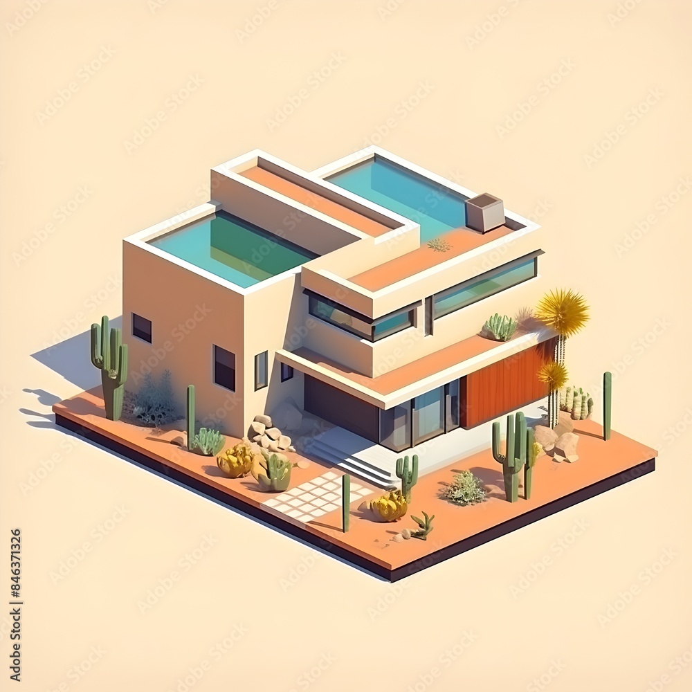 Modern Isometric Desert Residence with Architectural Geometric Design and Vegetation Modern Isometric Desert Residence with Architectural Geometric Design and Vegetation
