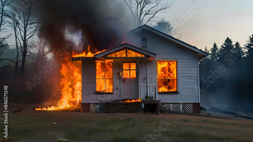 Burning house fire in the house the house stands in the middle of the forest, one wing of the house is on fire smoke is pouring out of the roof