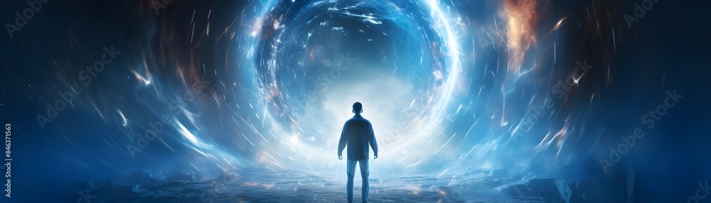 Silhouetted Man Running Through Futuristic Space-Time Portal with Dramatic Lightning and Glowing Blue Light Silhouetted Man Running Through Futuristic Space-Time Portal with Dramatic Lightning and Glowing Blue Light