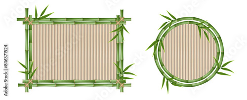 Bamboo frames set made of stems and green leaves tied with a rope. A set of wooden bamboo frames
