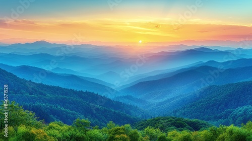 Breathtaking sunrise over misty blue mountains, with vibrant colors and layered peaks, creating a serene and peaceful natural landscape. #846371528