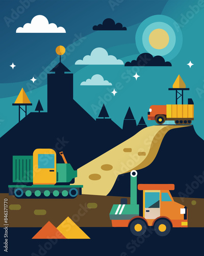 The constant hum of machinery could be heard from miles away as the landfill mining operation continued day and night determined to extract every last bit of value from the buried. Vector illustration