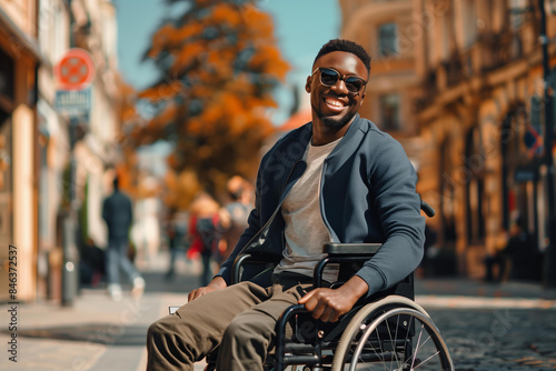 young handsome black man smiling in a wheelchai , people with physical disabilities concept, on a sunny day in the street 