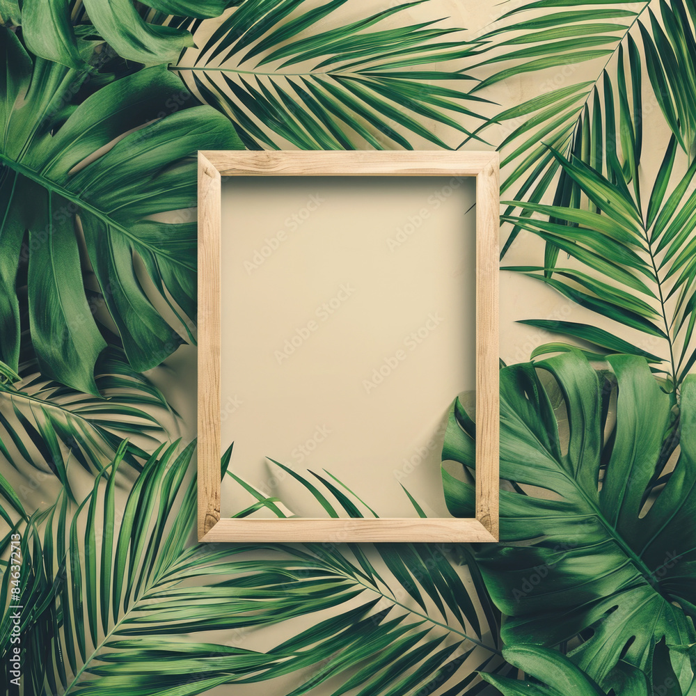 Wooden Frame Surrounded by Tropical Green Leaves on Beige Background - Perfect for Nature, Botanical, and Eco-Friendly Themes Wooden Frame Surrounded by Tropical Green Leaves on Beige Background - Perfect for Nature, Botanical, and Eco-Friendly Themes