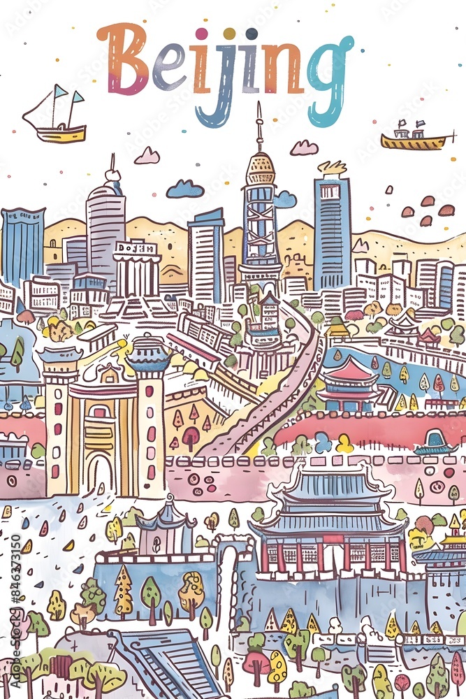 Stylized Travel Map of Iconic Beijing Landmarks in Vibrant Hand Drawn Sketchnote Stylized Travel Map of Iconic Beijing Landmarks in Vibrant Hand Drawn Sketchnote
