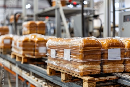 Rows of packaged bread loaves being stacked on pallets by automated machinery photo