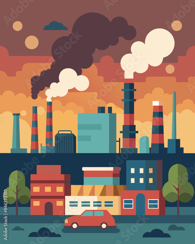 The air is thick and polluted from the lack of maintenance on factories and industrial sites.. Vector illustration