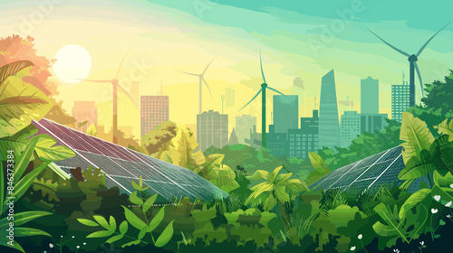 Modern cityscape with sustainable energy solutions with technology and nature illustrates a move towards green energy and eco-friendly urban development.