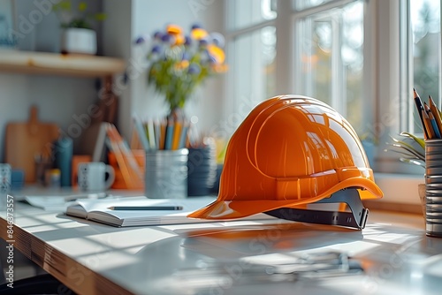 Orange Construction Helmet on White Work Desk With Office Supplies photo