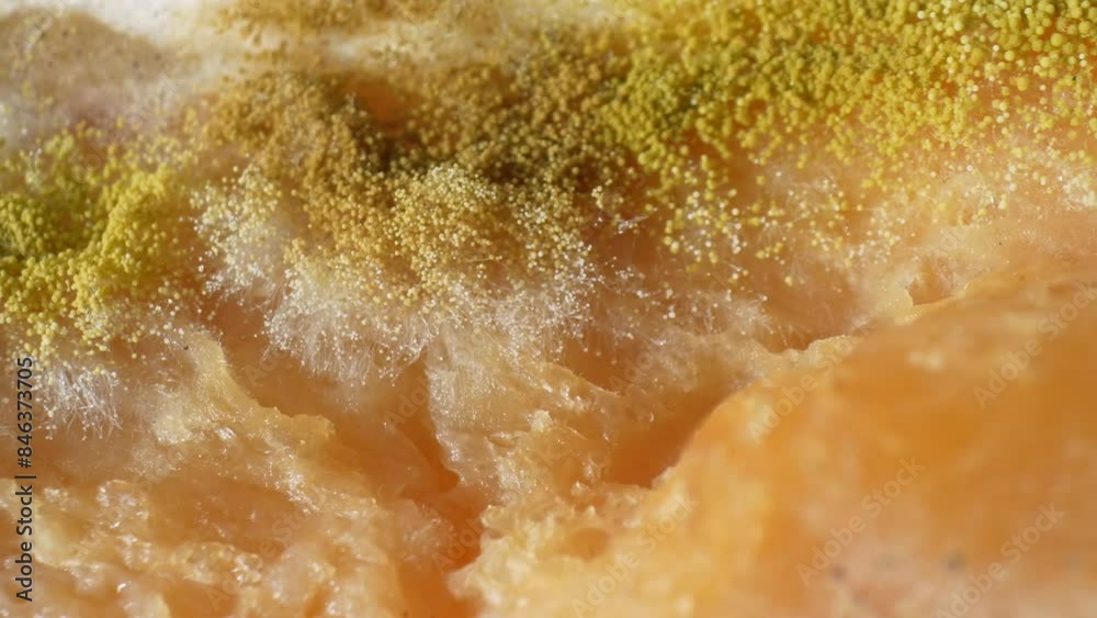 Zoom in, a vivid tableau unfolds: yellow spores densely populate the terrain, interwoven with intricate white mycelial networks, depicting the resilience of mold and fungus on bread. Mold background.
