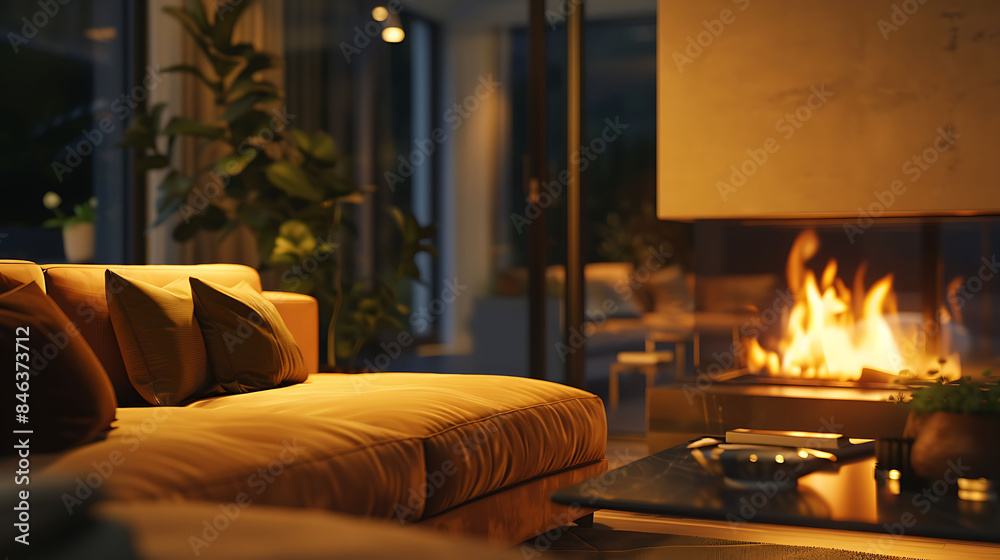 Fototapeta premium A sleek living room with a contemporary sofa and a beautiful fire, creating a cozy atmosphere, captured in high definition