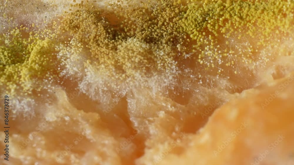 A miniature ecosystem: Yellow spore clusters bloom amidst a network of pale filaments, a testament to the relentless march of fungal life upon the bread's surface. Fungus background.
A miniature ecosystem: Yellow spore clusters bloom amidst a network of pale filaments, a testament to the relentless march of fungal life upon the bread's surface. Fungus background.