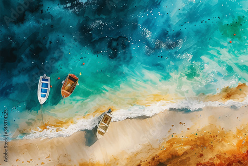 Colorful oil painting watercolor seascape top view drone angle, summer beach landscape vector illustration
