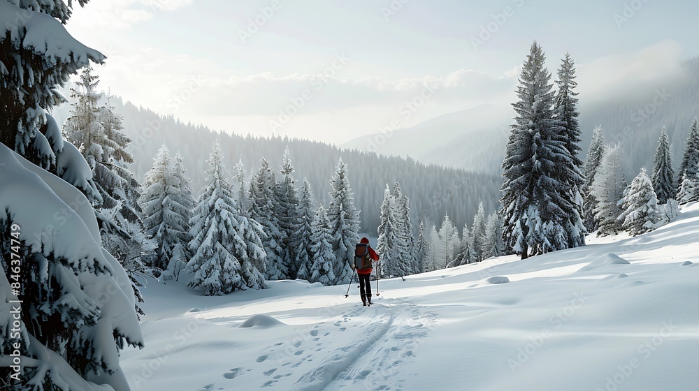 Mountaineer backcountry ski walking ski alpinist in the mountains Ski touring in alpine landscape with snowy trees Adventure winter sport Low Tatras slovakia : Generative AI Mountaineer backcountry ski walking ski alpinist in the mountains Ski touring in alpine landscape with snowy trees Adventure winter sport Low Tatras slovakia : Generative AI