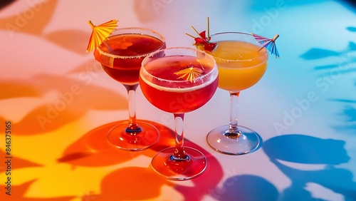 Glasses of cocktails on bright background
