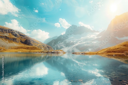 A beautiful mountain lake with a bright blue sky in the background