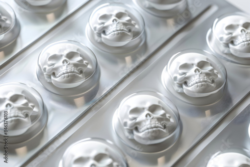 Pill tab packaging for death, the pills are white with a skull engraved on them