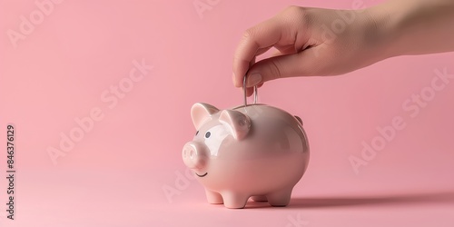 The image captures a hand inserting a coin into a blurred pink piggy bank, illustrating the theme of saving money, financial responsibility, and future investments. photo