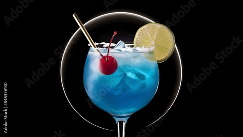 Blue hawaiian cocktail with cherry and lime black background