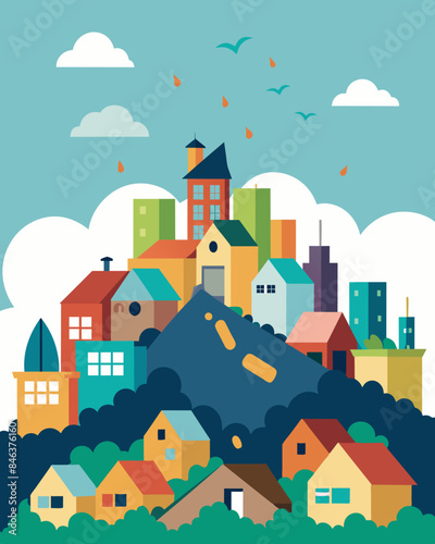 Landfills tower over nearby houses as the city runs out of space to store all of its waste.. Vector illustration