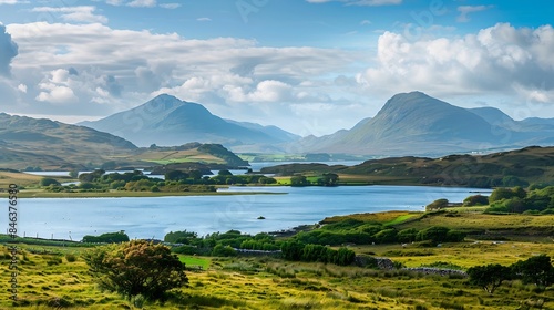 Beautiful landscape of Connemara region with Lough Nafooey in the background Scenic Irish countryside landscape with magnificent mountains on the horizon County Galway Ireland : Generative AI photo