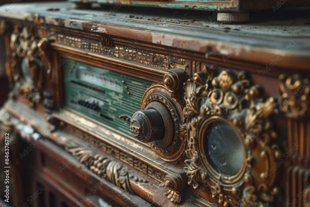 Antique radio deck with ornate details and aged patina Antique radio deck with ornate details and aged patina